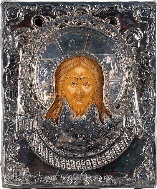A SMALL ICON SHOWING THE MANDYLION WITH A SILVER OKLAD Russian