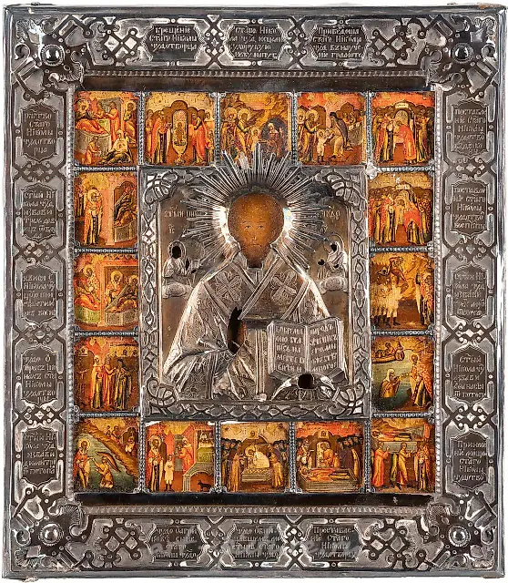A VERY FINE VITA ICON OF ST. NICHOLAS OF MYRA WITH A SILVER