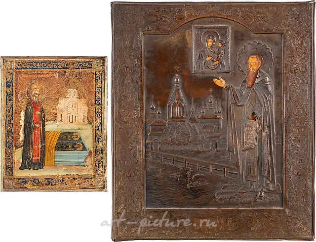 TWO ICONS SHOWING ST. SERGEY AT THE TOMB OF HIS PARENTS WITH