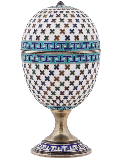 RUSSIAN SILVER PLIQUE A JOUR ENAMEL EGG WITH ICON