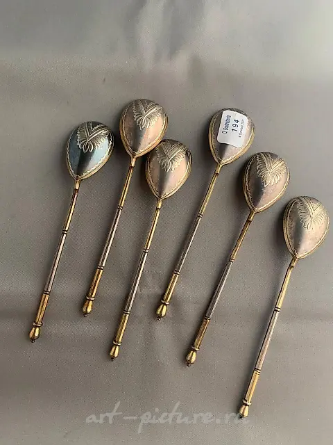 Six mocha spoons in 950 thousandths vermeil with...