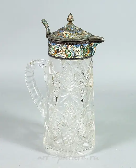 Кувшин с ручкой из резного хрусталя, серебро (925 проба)