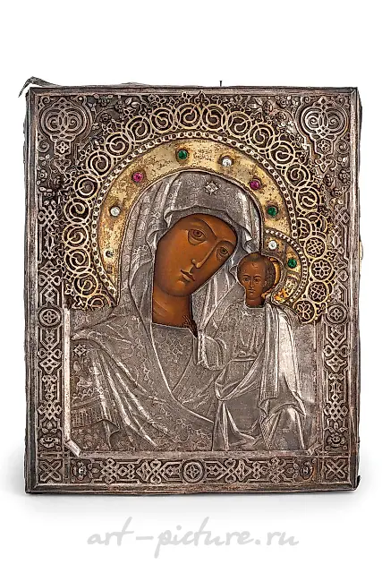 ICON DEPICTING THE VIRGIN OF KAZAN WITH SILVER RIZA P...