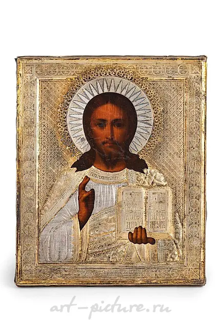 ICON REPRESENTING CHRIST WITH PARTIALLY SILVERED RIZA...