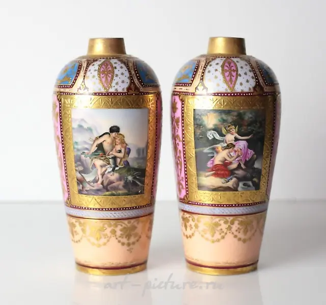 Pair of Royal Vienna Vases, with hand painted mythological c...