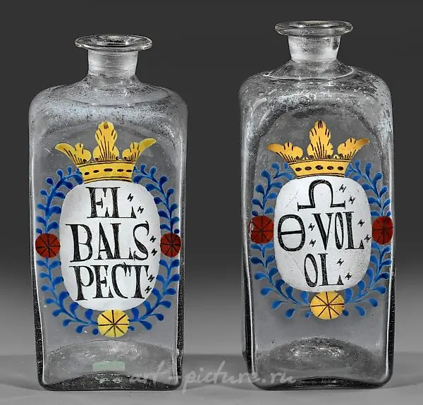 A few apothecaries - square bottles with crown decoration.