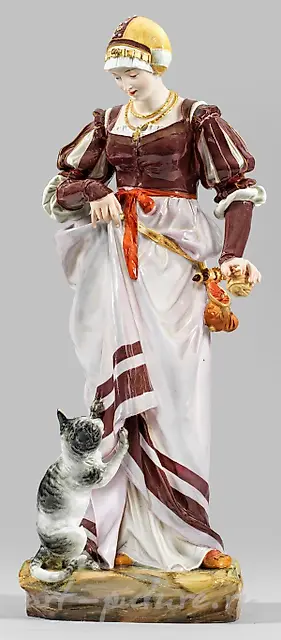 大型稀有的服装人物雕塑作品《持猫的女士》