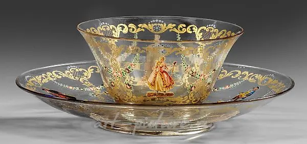 Decorative bowl with saucer and Commedia dell'arte decor.