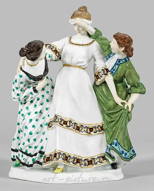 Art Nouveau Figure Group "Three Girls, Blind Cow"