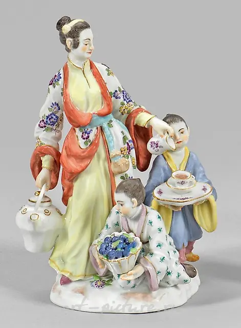 Japanese woman with a teapot and two children.