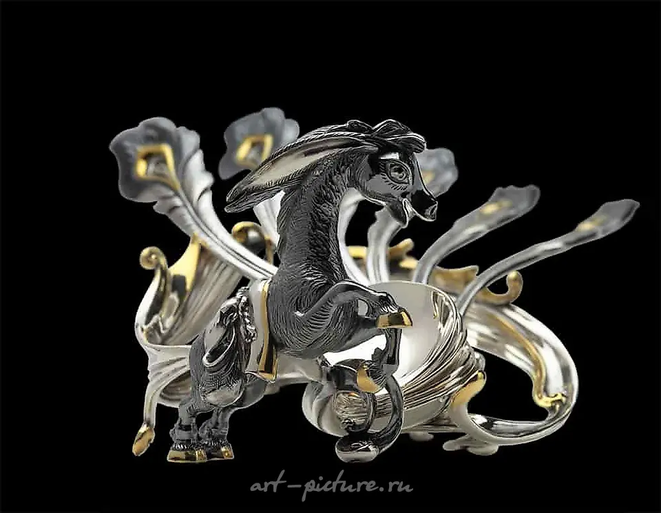 Collection of silver tea spoons with a stand "The Little Humpbacked Horse"