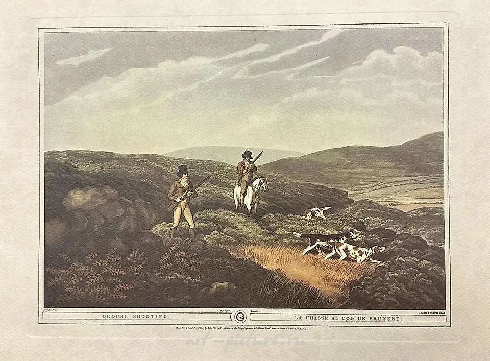 The translation of the text is: 

"Shooting at Partridges. Matthew Dubourg (1786–1838)"