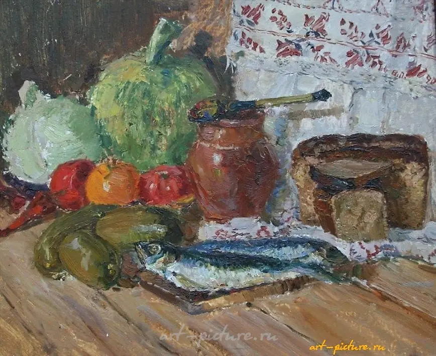 静物画：腌鲱鱼。纸板，油画。46 x 56 厘米