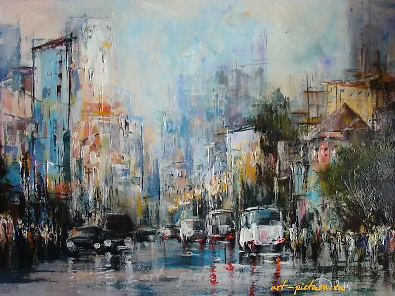 The translation of the text "Город F акрил, холст" into English is "City F acrylic, canvas."