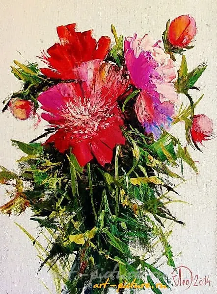 小花丛 芍药 丙烯，画布