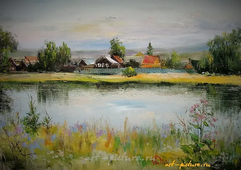 The translation of "В спокойном течении масло, холст" into English is "In calm flow, oil, canvas."