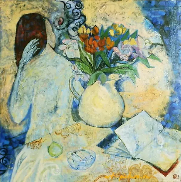 The translation of "Белый вечер масло, холст" into English is "White Evening oil on canvas."