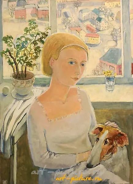 The translation of the text "Девушка с собакой масло, холст" is "Girl with a dog, oil on canvas."