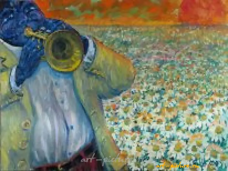 "Trumpet in Daisies Canvas, oil"