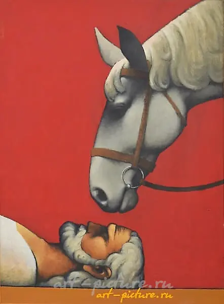 The text translates to "Two comrades, canvas, oil" in English.