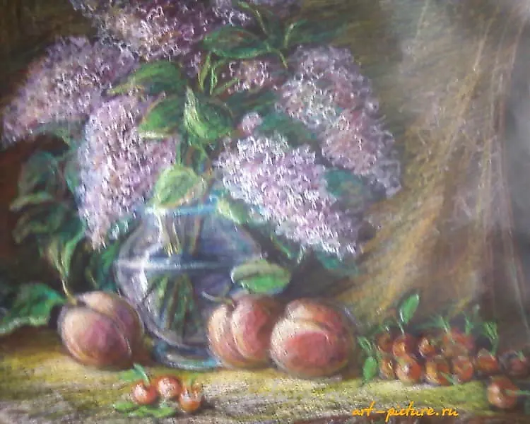 Сирень и фрукты Бумага,пастель 