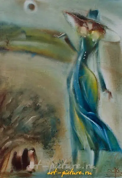女士与狗 油画，画布