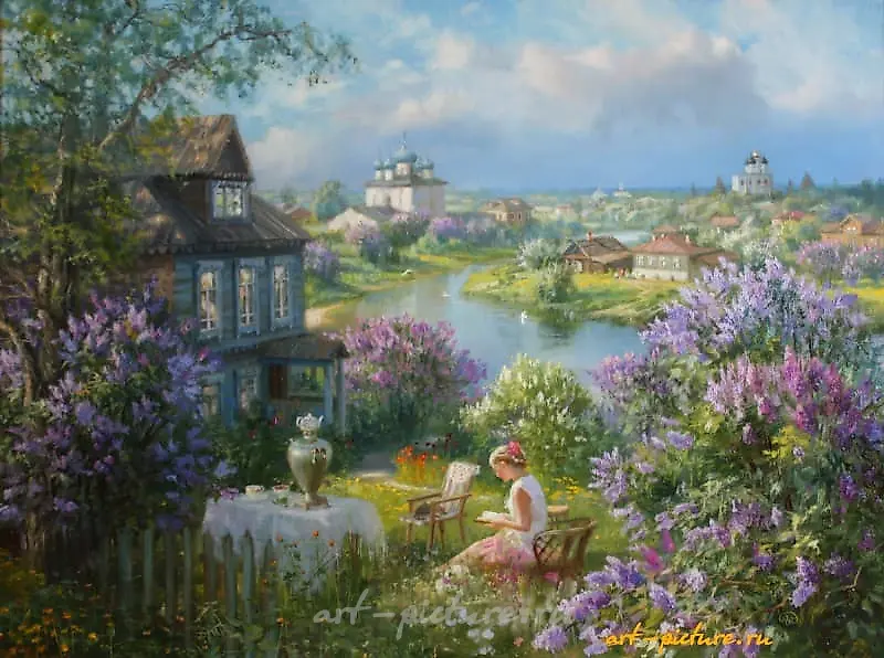 小屋在丁香花丛中。油画，画布