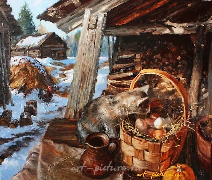 春天在扎列西耶村。油画，画布