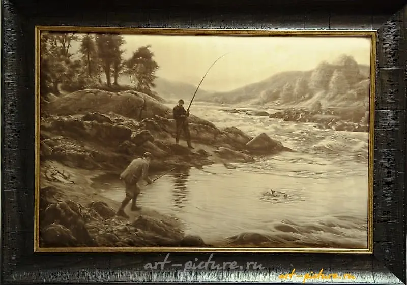 "Salmon fishing engraving on natural leather"