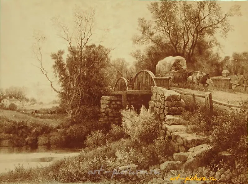 "Old watermill engraving on natural leather"