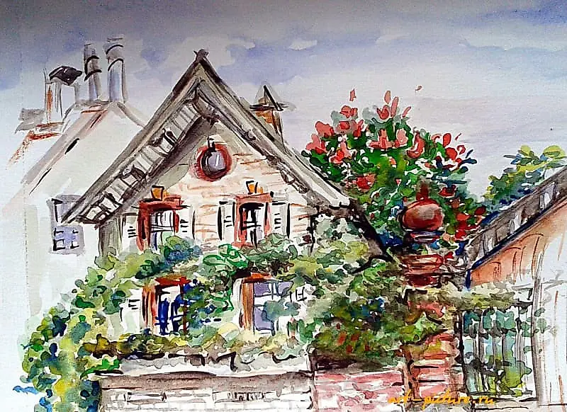 The translation of the text is: "Someone's house in Rothstadt, paper, watercolor."