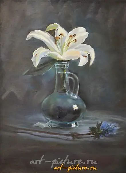 The translation of the text "Лилия масло, холст" into English is "Lily oil, canvas."