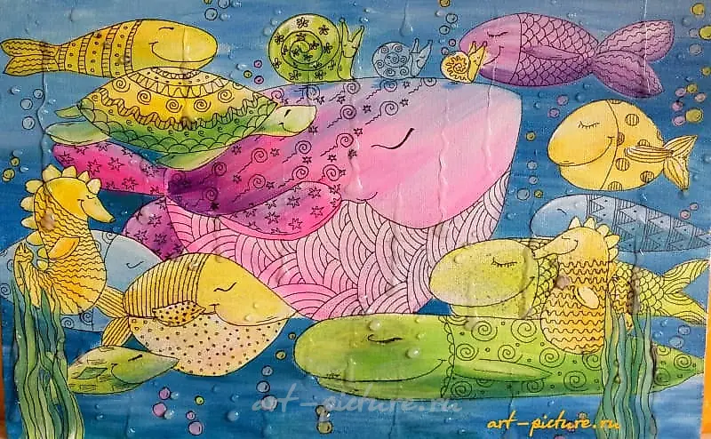 Aquarium Canvas on stretcher frame, acrylic, liner, pearl marker