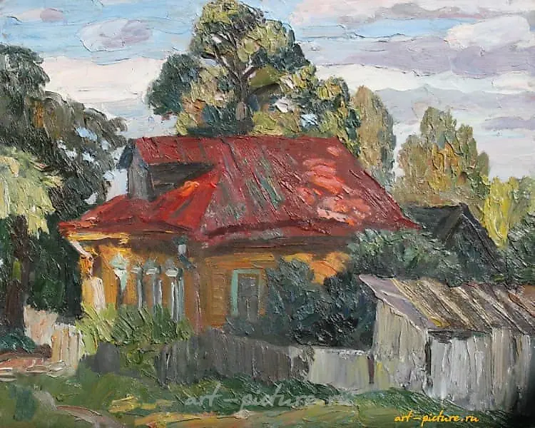 红色屋顶的房子。纸板，油画。40 x 50 厘米。