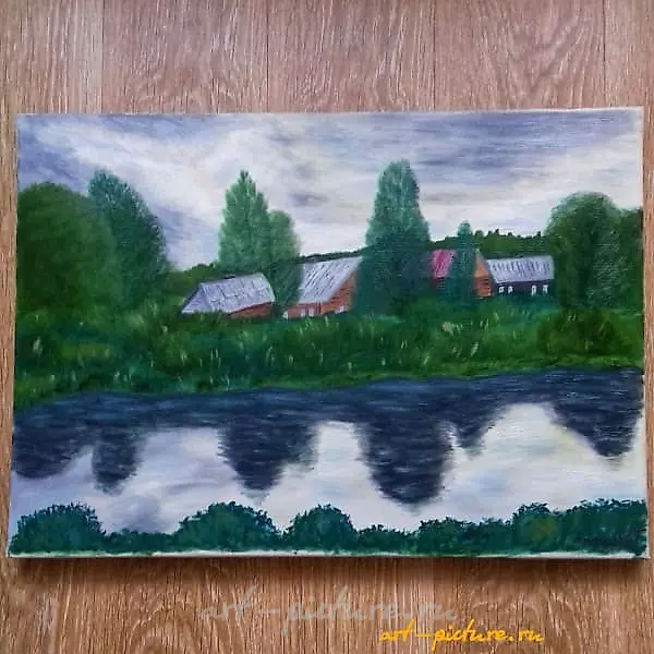 The translation of the text "Домики на берегу Ингоды масло, холст" into English is: "Houses on the banks of the Ingoda, oil on canvas."