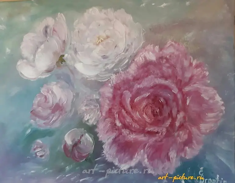 盛开的牡丹 油画，画布