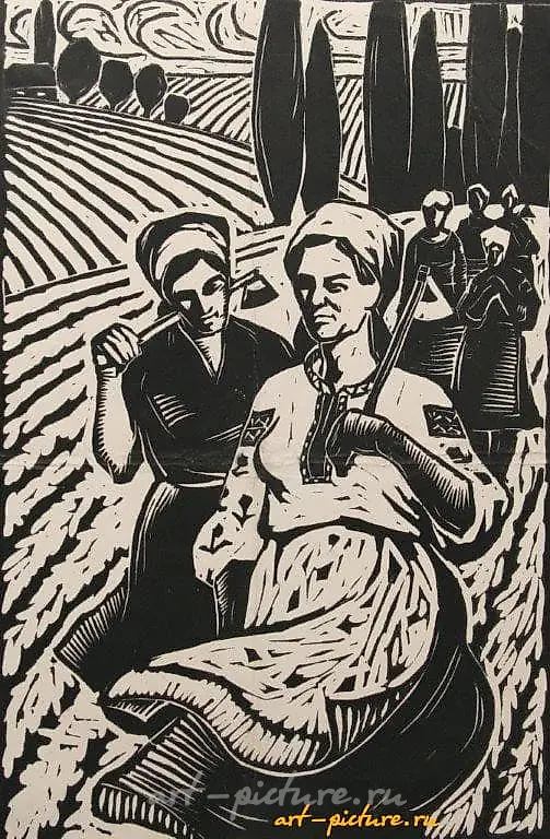 В поле. Линогравюра.