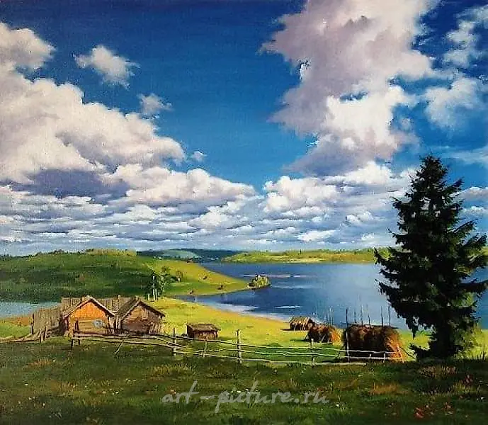 The translation of "Пейзаж с рекой" into English is "Landscape with a river."