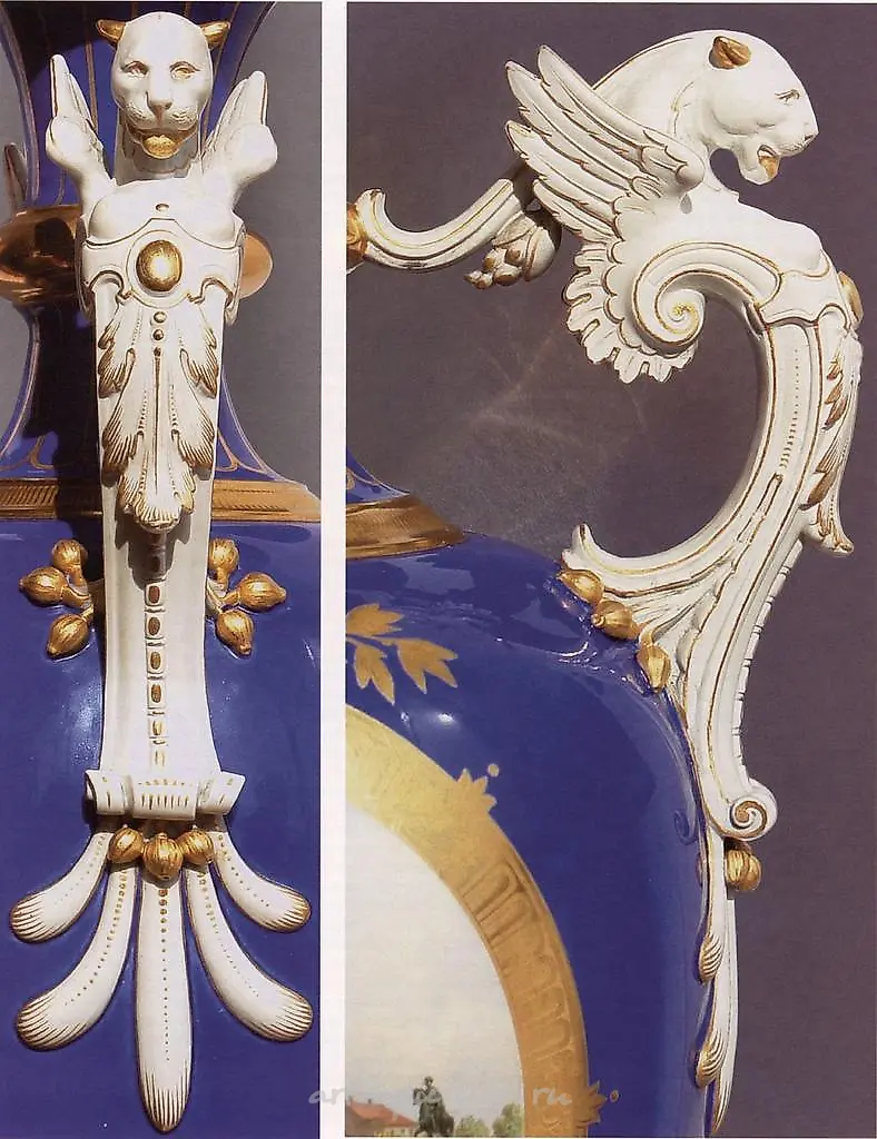 Ваза-амфора на октагональном цоколе с ручками из бисквита. KPM Берлин. 1875 г. — фото 2