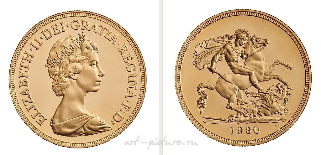Set of 4 gold sovereigns from 1980 of the Elizabeth II era in a case with a certificate. — photo 2