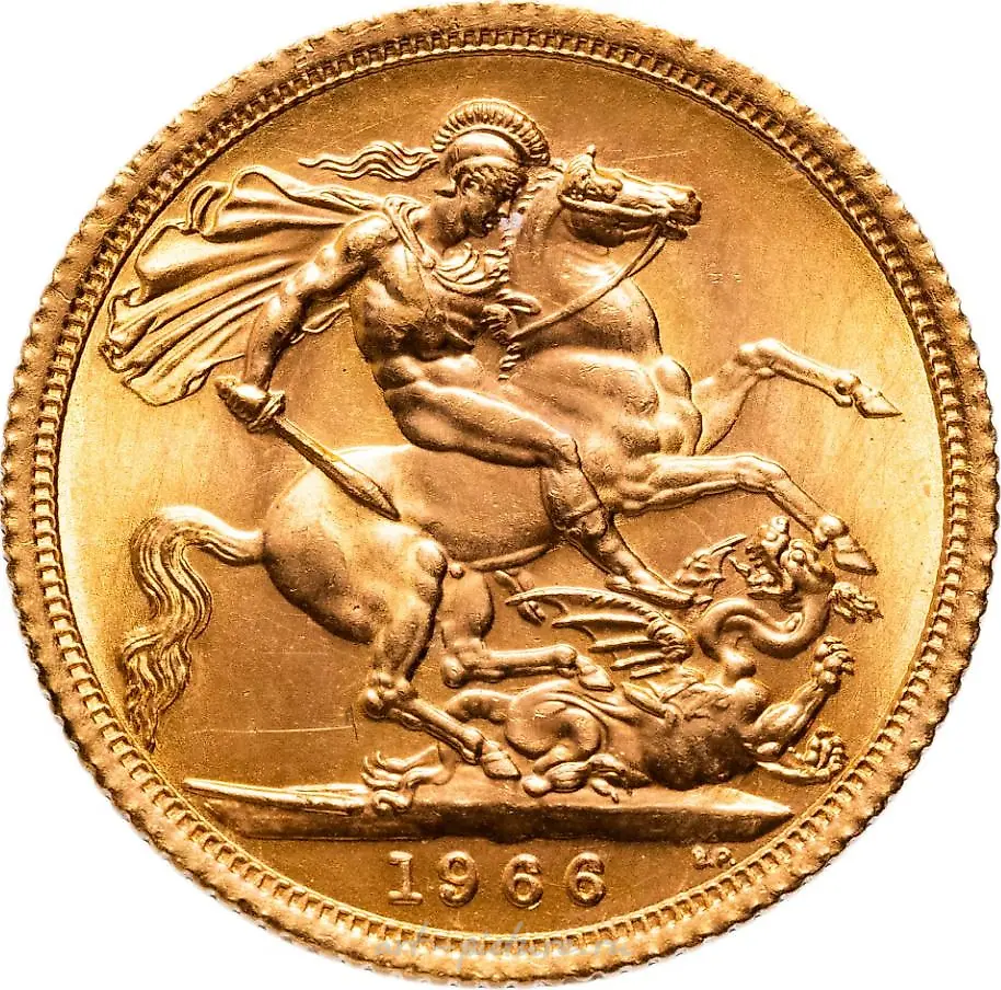 United Kingdom 1 sovereign (sovereign) 1966 featuring a portrait of Queen Elizabeth - St. George with the dragon. — photo 2