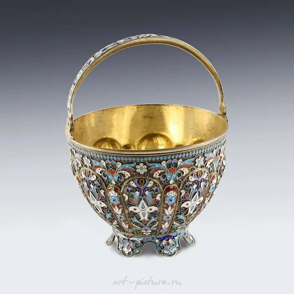 Russian silver sugar bowl with cloisonne enamel. — photo 4