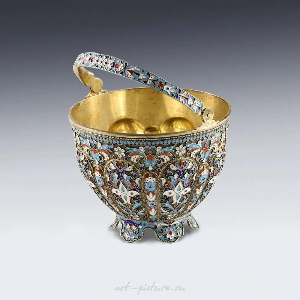 Russian silver sugar bowl with cloisonne enamel. — photo 7