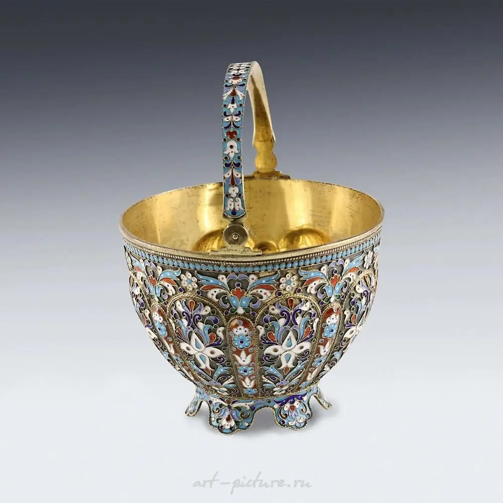 Russian silver sugar bowl with cloisonne enamel. — photo 6