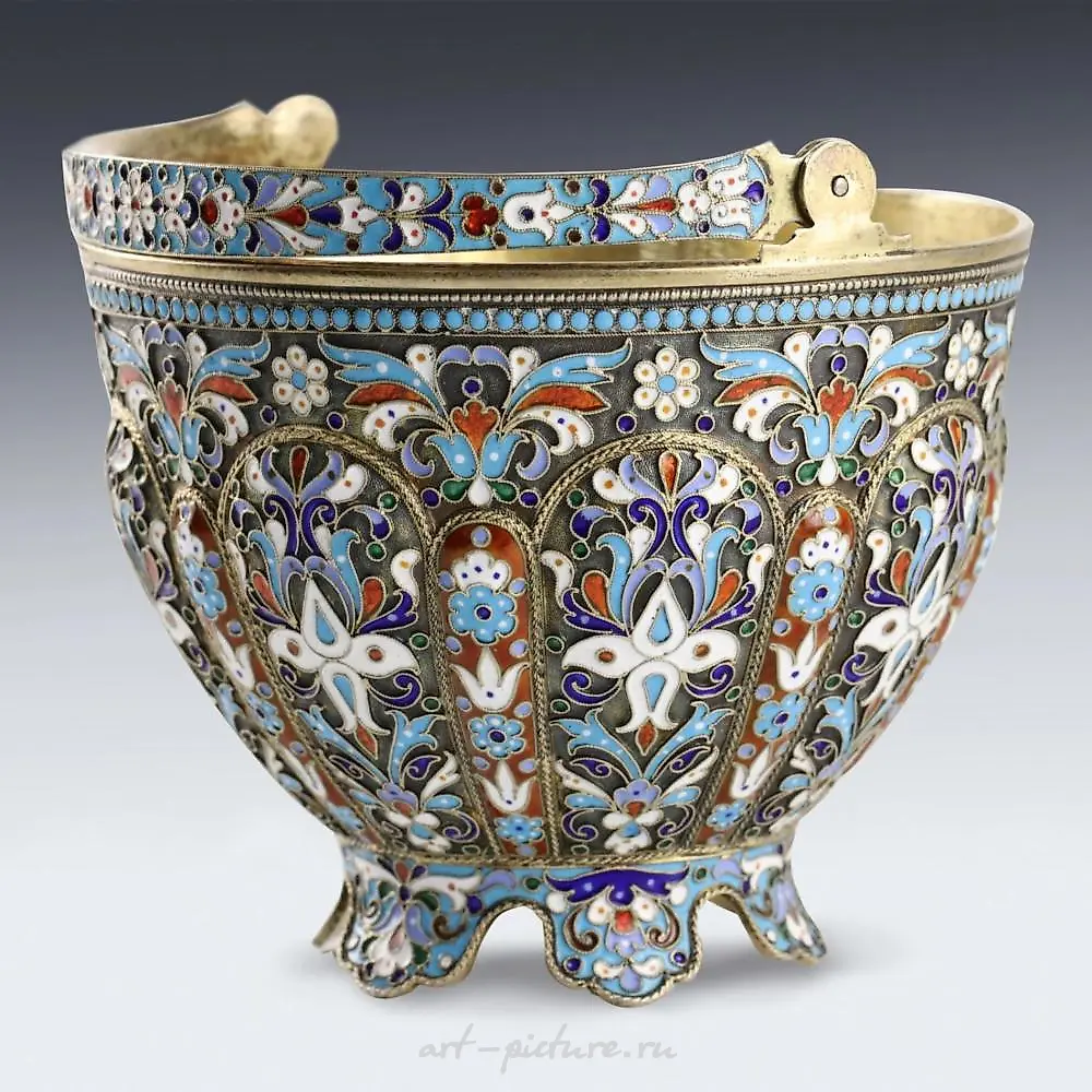 Russian silver sugar bowl with cloisonne enamel. — photo 2