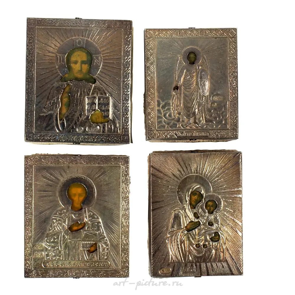 A (lot of 4) Russian miniature .84 silver oklad traveling icons.
