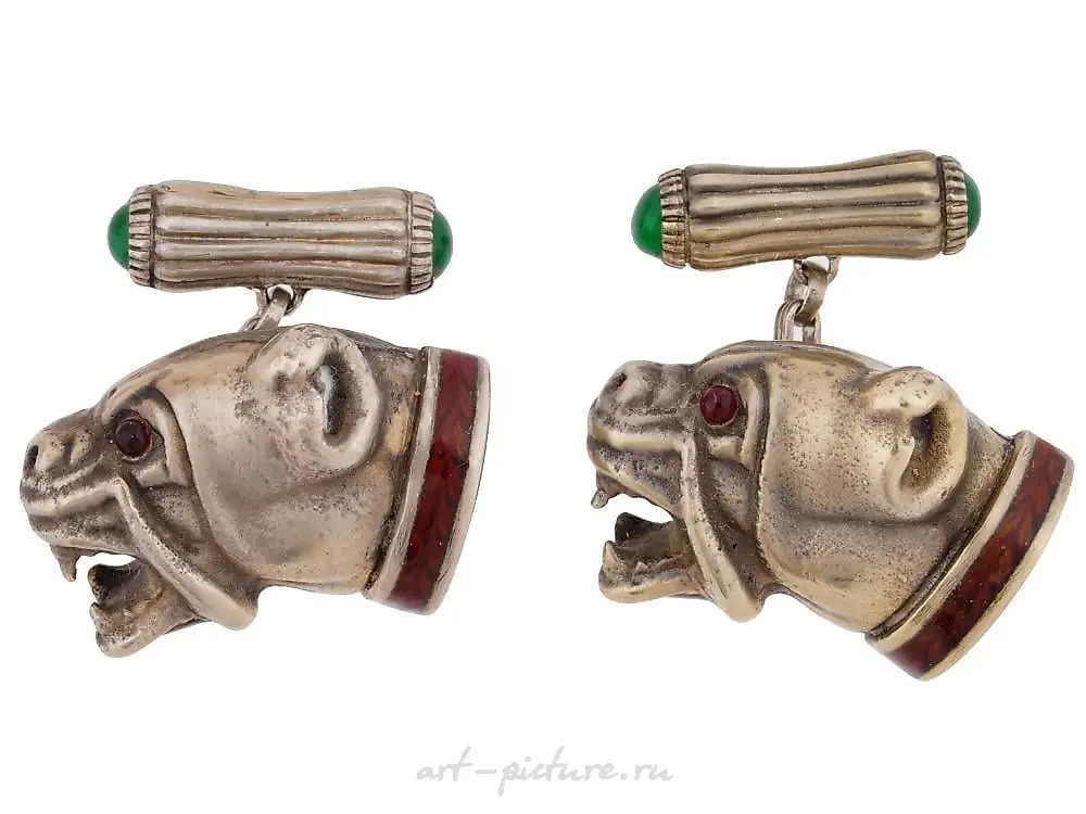 RUSSIAN GILT SILVER GEMSTONES BULLDOG CUFFLINKS — photo 4