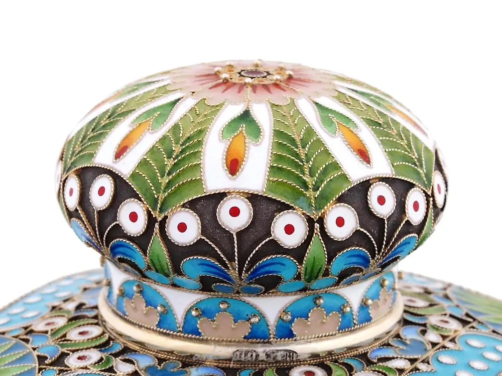 RUSSIAN 88 GILT SILVER CLOISONNE ENAMEL TEA CADDY — photo 11
