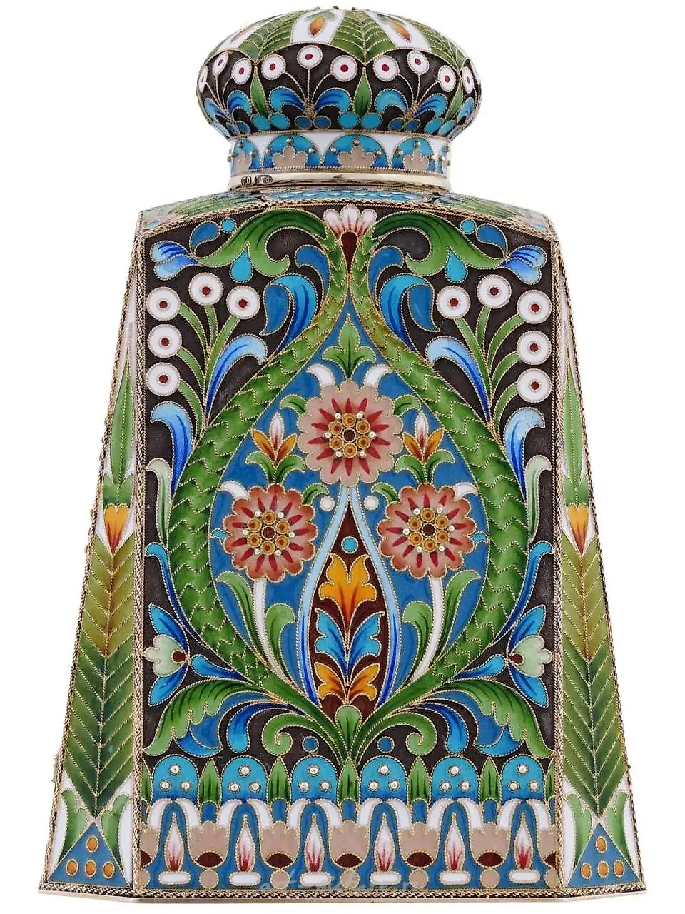 RUSSIAN 88 GILT SILVER CLOISONNE ENAMEL TEA CADDY — photo 4