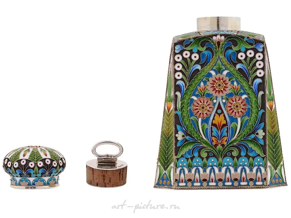 RUSSIAN 88 GILT SILVER CLOISONNE ENAMEL TEA CADDY — photo 6